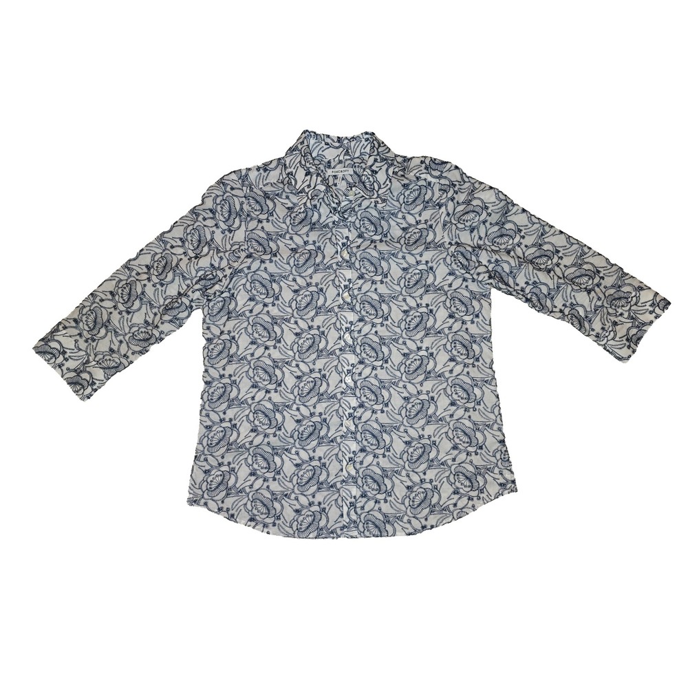 Foxcroft Womens 8 White Navy Blue Floral Embroidered Cotton 3/4 Sleeve Shirt - Picture 5 of 8